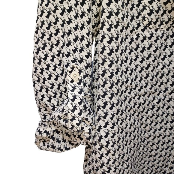 Ann Taylor Silk Blouse XS Deer Print White Black Holiday Academia Office Chic - Picture 2 of 7